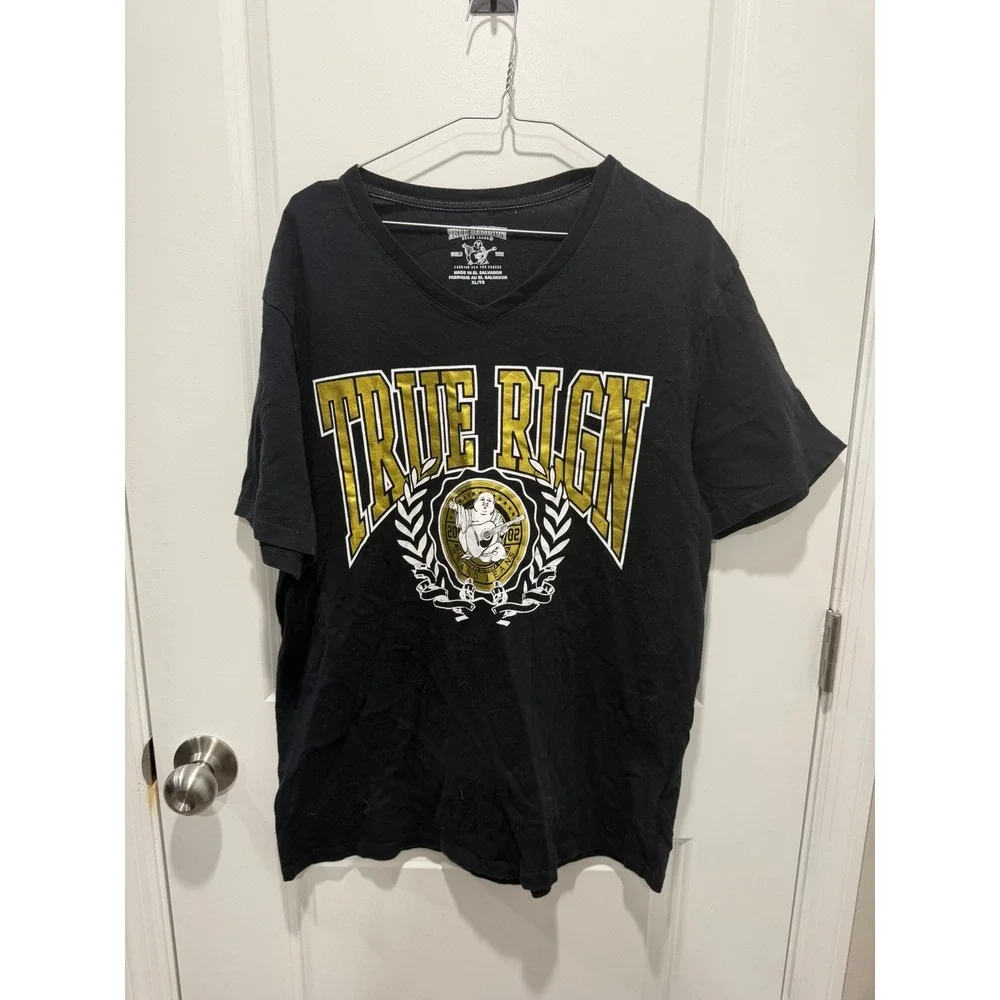 True Religion Mens T-Shirt Metallic Buddha Graphic Black XL